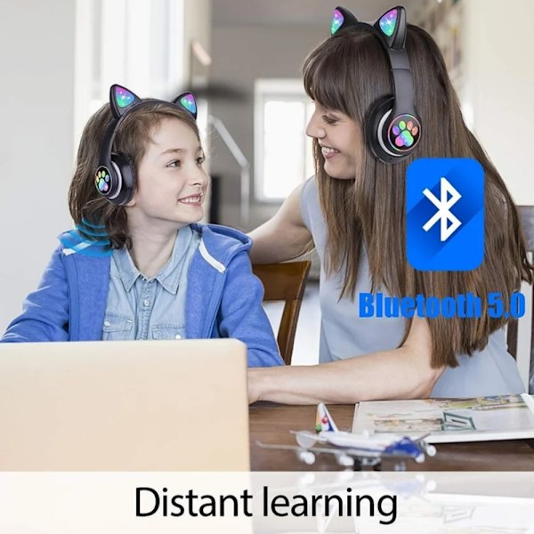 Bluetooth-hörlurar med kattöron och livfulla RGB LED-lampor, volymbegränsning för säker lyssning