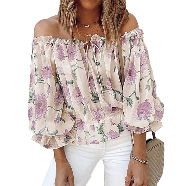 Dam Blommig Blus med Volangärm Elegant Lös Casual V-ringad Off Shoulder Klockärm Topp Skjorta Aprikos S