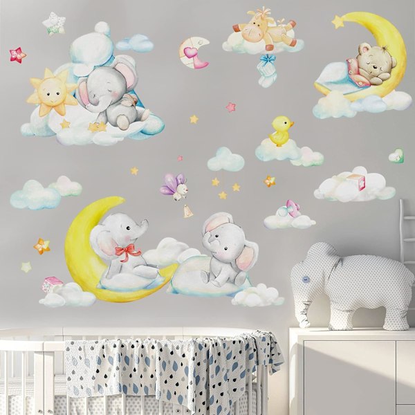 Luftballong Stjärnor Guld Måne Livfull Design Elefant Väggdekor För Babyrum, Kontor, Vardagsrum, Studierum, Kök, Matsalar, Skala Och Fäst