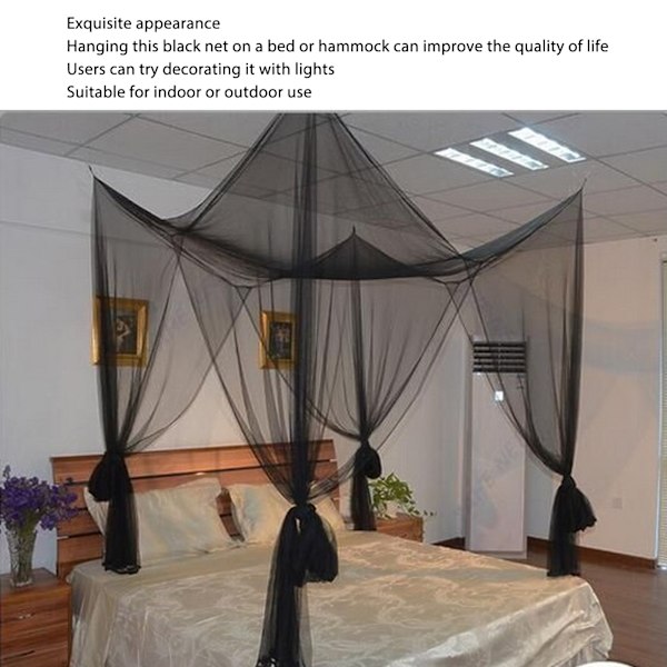 Hörnmyggnät, sänghimmel gardiner svart för Queen/King sängar, elegant sänghimmel med ultrafint nät, lyxiga sänggardiner för inomhusbruk &amp;