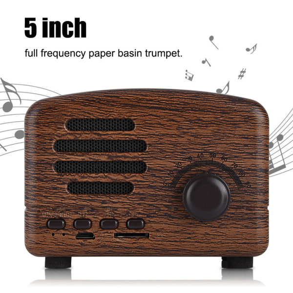 Bärbar retro Bluetooth-högtalare i trä, skrivbordsradio med FM, basstereo, mikrofon, USB-minneskortstöd