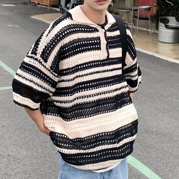 Herr Hollow Stickad Skjorta Knapp Fram Nedhasad Axel Kort Ärm Man Färgstark Randig Stickad Skjorta för Herrar Svart 2XL