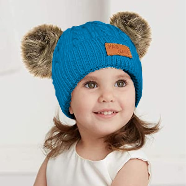 Toddler Hat， Färg Vinter Dubbel Pom Pom Stickad Mössa