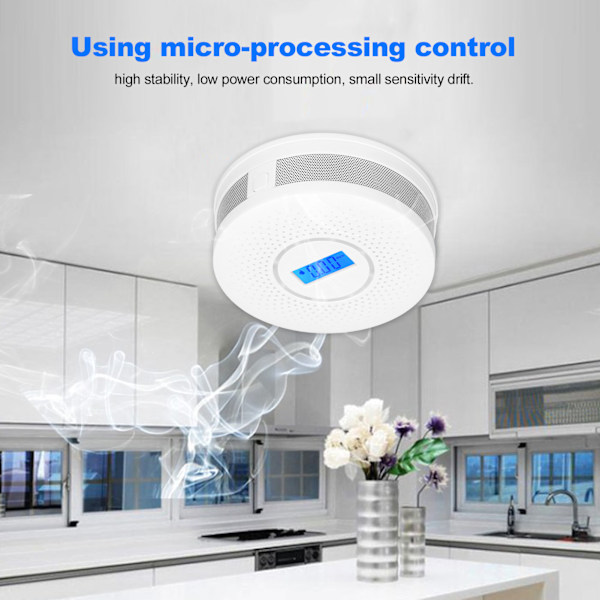 Karbonmonoksid og røykvarsler Infrarød fotoelektrisk sensor Lydlysalarm LCD-skjerm