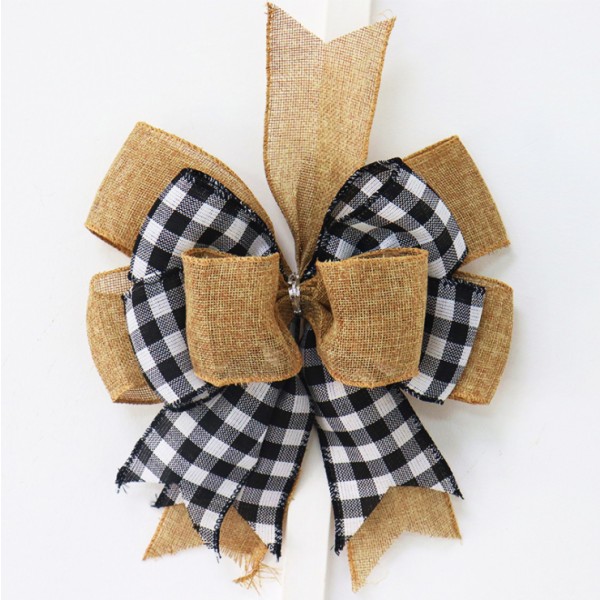 2 stk. Sort/hvid Buffalo Plaid Burlap Krans Bue Dobbelt Lagt
