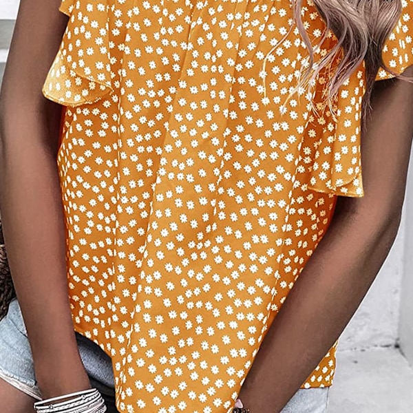 Volang Kortärmad Blus Blommig Tryckt Casual Figursydd V-ringning Volangärm Blus för Kvinnor Sommar Orange S