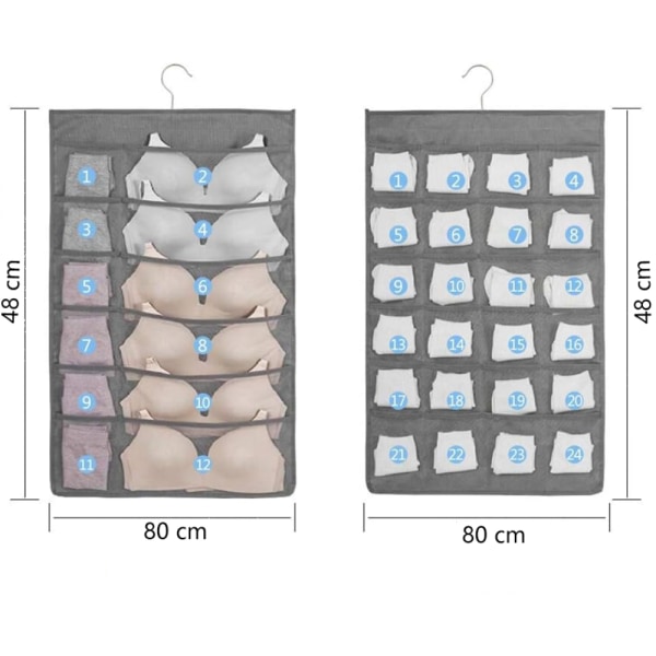 2 stk Dobbeltsidig Garderobe Underklær Oppbevaringspose Hengepose Grå Utvidet Oppgradert Versjon (12+24) 48*80