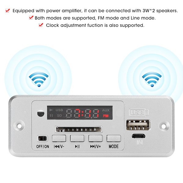 5V MP3 Audio Dekoder Modul USB FM Radio MP3 Dekodningstavle Musikafspiller med StrømforstærkerSølv