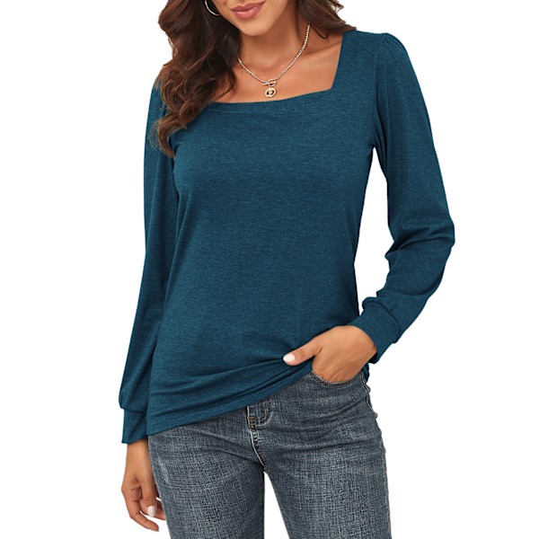 Dam Puffärm Topp Casual Stil Långärmad Enfärgad T-shirt Modeblus för Hemmakontor Blå L