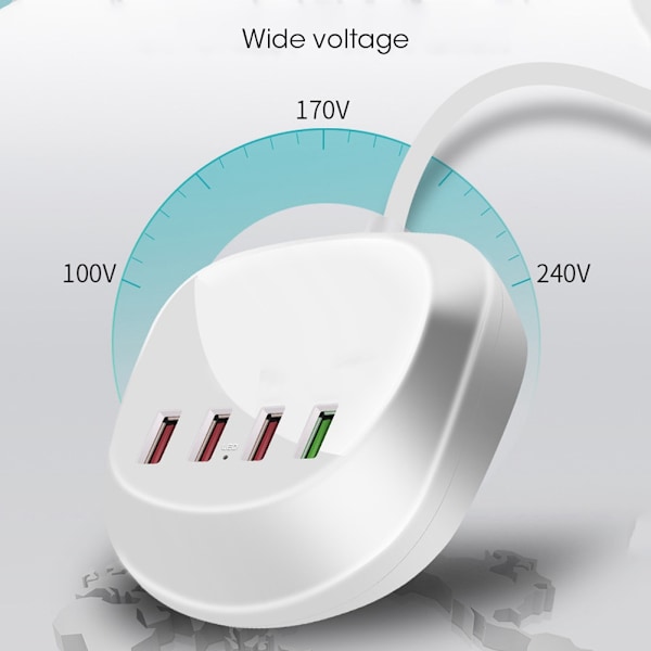 Spenning AC100-240V Bærbar 4 Porter USB Lader QC3.0 2.4A5V9V12V 3 USB 5V Utgangsport Reiseladere 36WEU