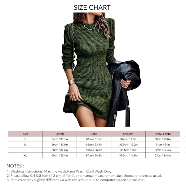Crewneck Långärmad Tröjklänning Dam Stilren Elegant Enfärgad Bodycon Stickad Klänning för Kontorsarbete OD Grön XL