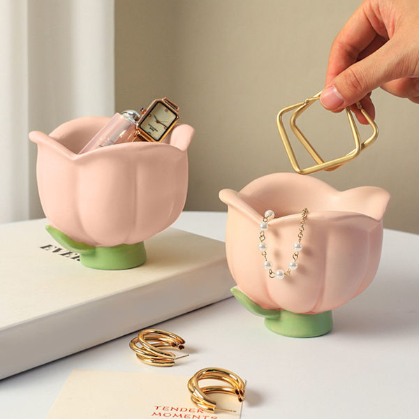 Blomsterformet opbevaringsboks Innovativ sød harpiks opbevaring dekorativt ornament til entrebord toiletbord Tulipan