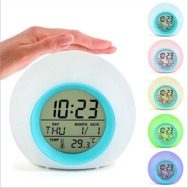 Digital Väckarklocka med Multifunktionsdisplay, 7 Färgers Nattlampa, Temperaturdetektering, Snooze-funktion, Lätt att Ställa In, Batteridriven, Stilren