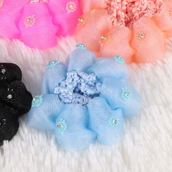 Blomsterhåraccessoarer för flickor, skonsamma mot håret paljettscrunchies, hårknutsskydd i mesh för dans, cheerleading och speciella tillfällen, 5 färgalternativ ingår