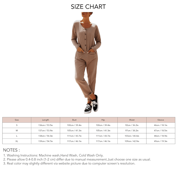 Dame Langærmet Casual Jumpsuit V-hals Knap Ned Regelmæssig Pasform Lige Bukser Onepiece Romper Khaki XL