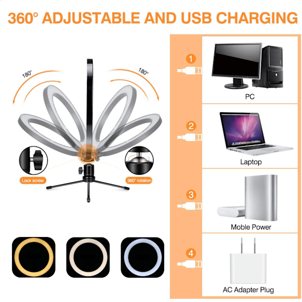 10 tommers USB skrivebordsfylllys LED-ringlys med trekantet brakett for direktesending