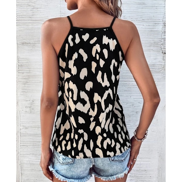 Dam V-ringad Tank Top Spaghettiband Leopardtryck Lös Passform Sommar Ärmlös Väst Svart M