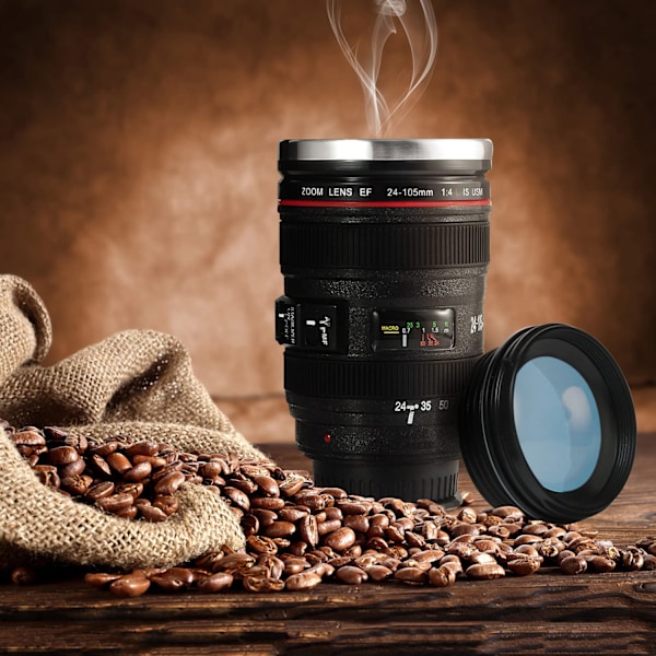 Sippa med stil: Kaffemugg i form av ett kameraobjektiv, BPA-fri rostfri ståltermos, läckagesäker resemugg, portabel med sipplock, miljövänlig och lätt att rengöra (1 st)