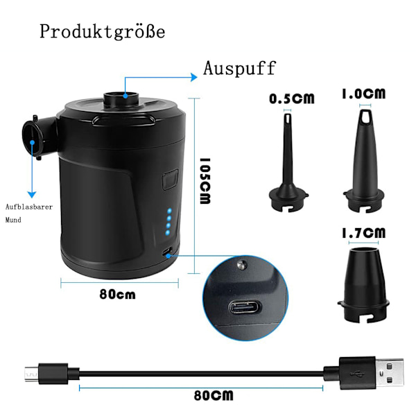 Trådlös elektrisk luftpump för uppblåsbara produkter, bärbar uppladdningsbar deflator med 3 munstycken för snabb uppblåsning, idealisk för utomhuscamping och enkel användning