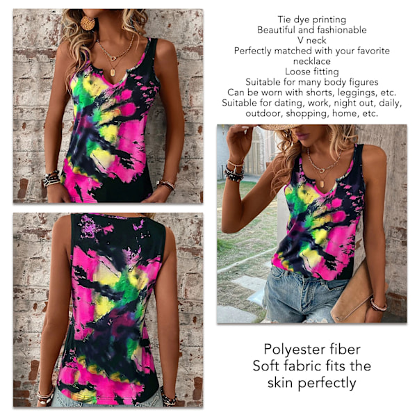 Dam V-ringad Tank Top Vacker Batik Lös Passform Sommar Ärmlös Väst för Vardagsbruk Rosröd M