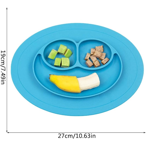 Babytallrik, Slitstark Silikonskål Söt Rund Matta, Smiley Sugproppstallrik med 3 Fack för Bebisar, 100% BPA-fri - 2 ST (Blå/Rosa)