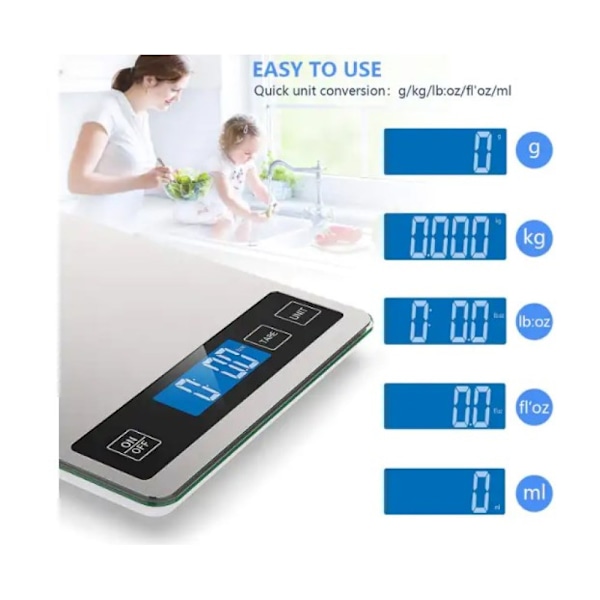 Digital matvåg med multi-enhetsomvandling, lättrengjord yta, rostfritt stål, uppladdningsbart batteri, automatisk avstängningsfunktion och användarvänlig design