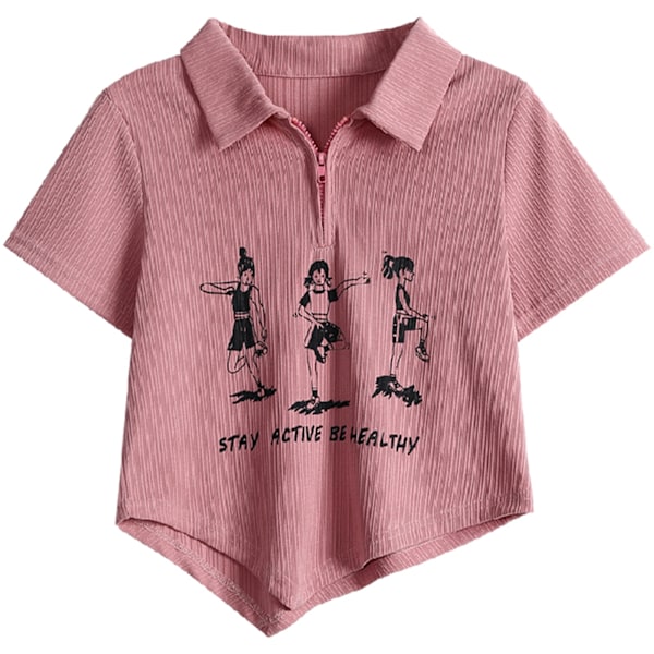 Kortärmad blus med asymmetrisk fåll, nedvikt krage, dragkedja, tryckt kortärmad blus för kvinnor, damer, flickor, rosa L