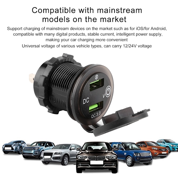 Dobbel USB-port lader QC 3.0 Hurtiglading Vanntett med LED Voltmeter for Bil Båt Yacht ATV RV Grønt LED-lys