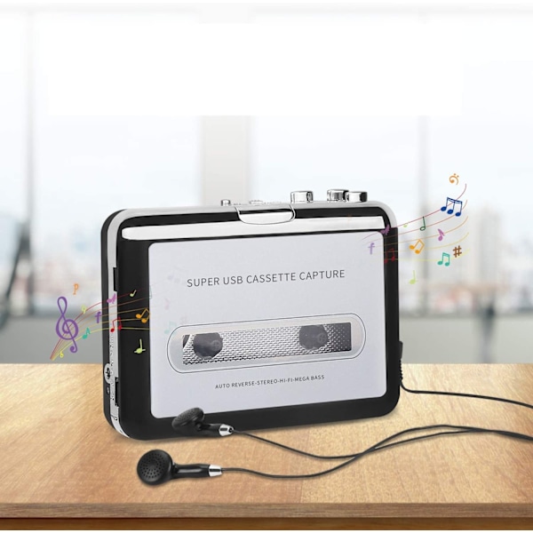 Kassettband till MP3-omvandlare, kassettbandspelare Walkman USB-bandspelare från kassett till MP3, digitala filer för bärbara datorer och Mac-datorer från kassett till MP3 (svart)