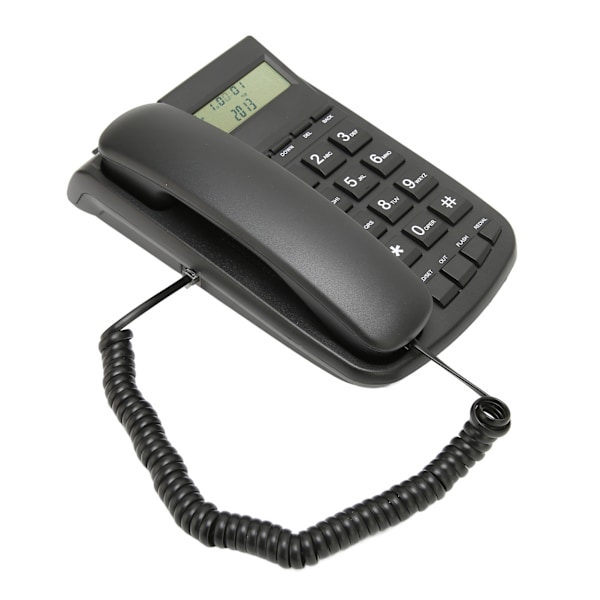 Sladdtelefon med nummerpresentatör, stora knappar, volymjustering, väggmontering, skrivbordsmodell med LCD-bakgrundsbelysning