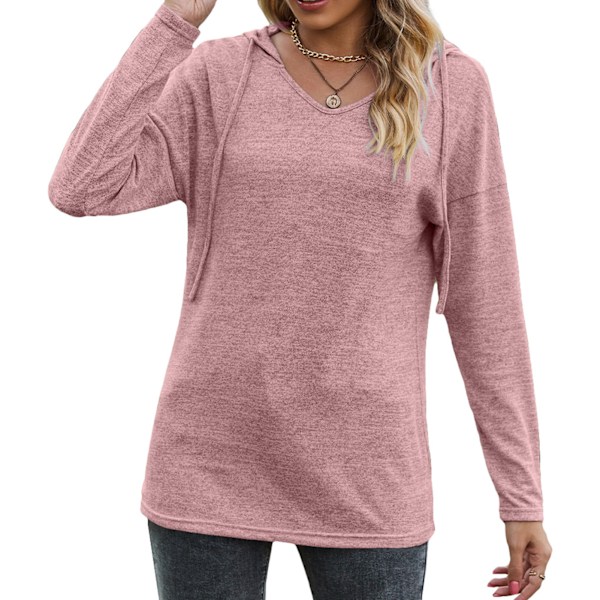 Dam Långärmad Hoodie V-ringad Dragsko Enfärgad Lös Casual Tröja Rosa XL