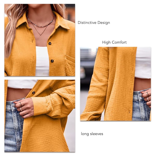 Dam Casual Långärmad Enfärgad Skjorta V-ringad Knäppning Ned Lapel Krage Blus Toppar för Fest Shopping Resor Gul XXL