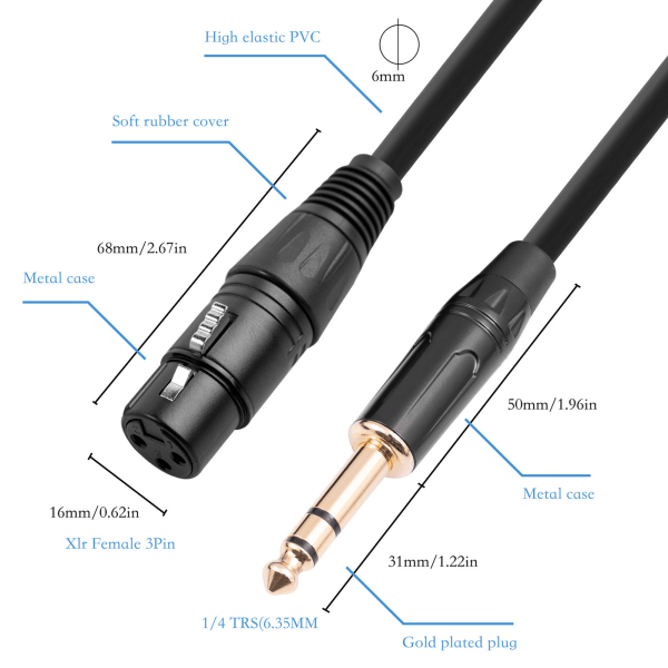 XLR-hona till 1/4 TRS-kabel Heavy Duty XLR 3-stiftshona till 1/4 tum 6,35 mm TRS stereokontakt Balanserad Interconnect-kabel