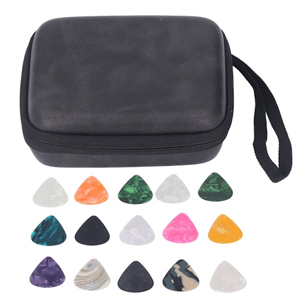 Guitar Pick Bag Set Celluloid Picks Opbevaringspose Holder Etui PU Læder til Instrument Tilbehør Sort
