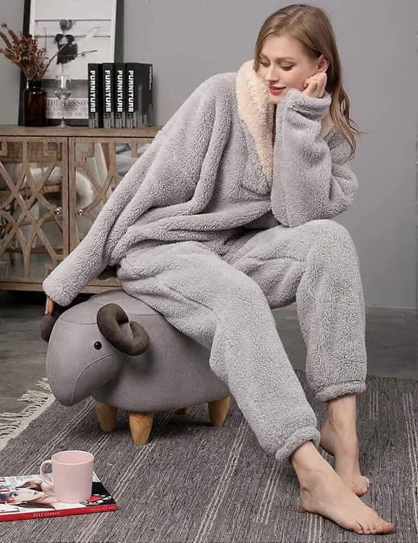 Fleecepyjamas kompatible med kvinder Blødt, behageligt, fluffy pyjamassæt, pulloverbukser, plysvarme tøj kompatible med vintersøvntøj