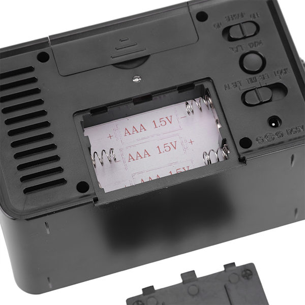 Elektronisk väckarklocka med temperatur- och fuktighetsdisplay, ljuskontroll, laddningsport, 100-240V