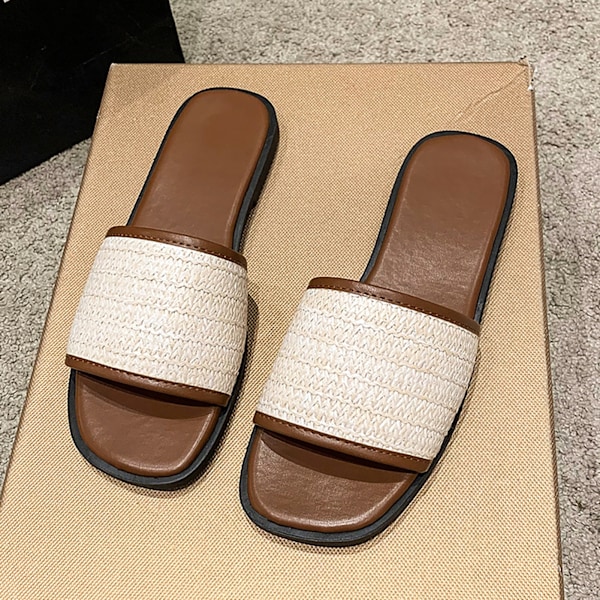 1 Par Vävda Tofflor Dam Retro Platt Botten Enkelrem Sandaler Fransk Nisch Sommarskor Ljusbrun Storlek 38