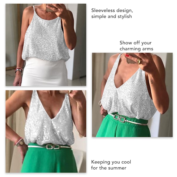 Dam Camisole Topp Paljetter V-ringning Rund Hals Framsida Baksida Använd Bekväm Ärmlös Camisole Topp Silver S