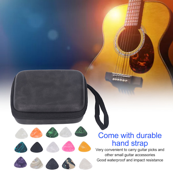 Guitar Pick Bag Set Celluloid Picks Opbevaringspose Holder Etui PU Læder til Instrument Tilbehør Sort