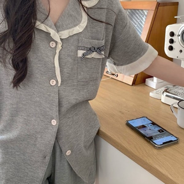 Dam Pyjamasset Kortärmad Sovkläder Knäppning Tvådelat Nattlinne för Vår Sommar Grå XL