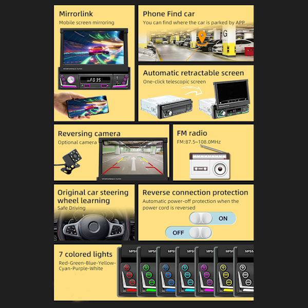 7 tums Bluetooth-bilvideospelare RDS FM AM-bilradiospelare HD infällbar pekskärm med 12 LED-backupkamera manuell typ