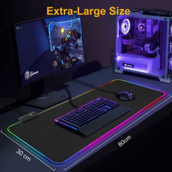 Tangentbordmatta för PC-laptop för gamers, extra storlek, ultra-blank fiber-yta med LED-bakgrundsbelysning, högkvalitativ naturgummibas, touchkontroll för