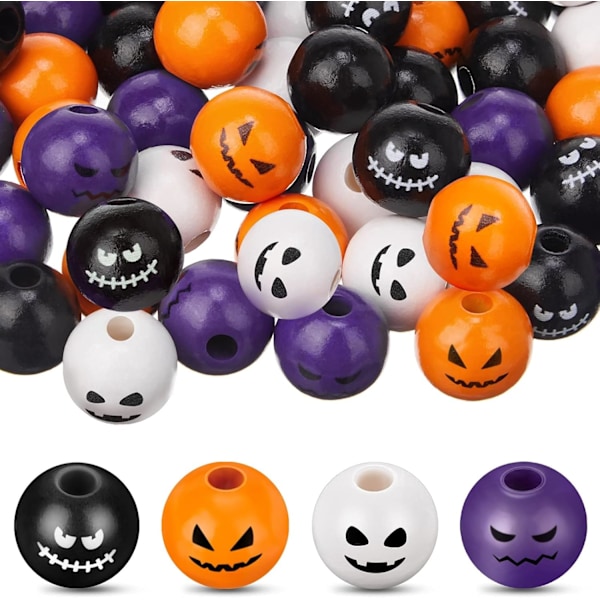 100 st träpärlor Halloween dekoration, enkelsidig tryckning av spökansikten på vit bakgrund + enkelsidig tryckning av spökansikten på svart