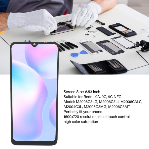 Skærmskift til Redmi 9A 9C 9C NFC 6,53 tommer LCD-skærm Touch Screen Samling med Reparationsværktøjssæt