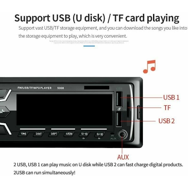 Revolutionerande Smart Bilstereo, Bluetooth-anslutning för smidiga handsfree-samtal, Snabbladdning 2.1A USB-port, 12V DC Spänningskompatibel, Ratt