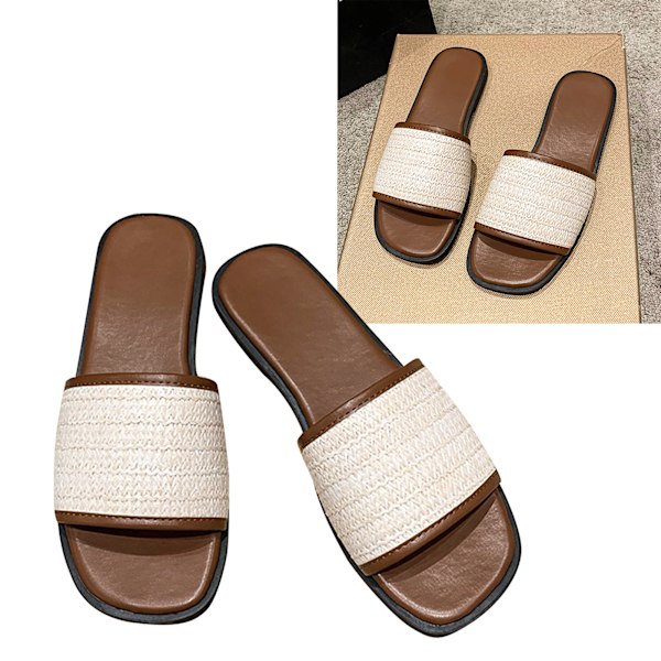 1 Par Vävda Tofflor Dam Retro Platt Botten Enkelrem Sandaler Fransk Nisch Sommarskor Ljusbrun Storlek 38
