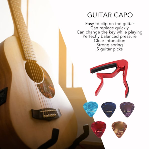 Gitarr Capo Stark Fjäder Reptålig Hög Hårdhet Legering Gitarr Capo med 5 Plektrum Röd