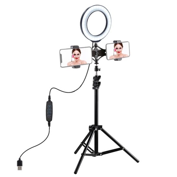 PULUZ PKT3036 LED-rengasvalo puhelimeen, live-lähetykseen, kolmijalalla, kaksoispuhelintelineellä