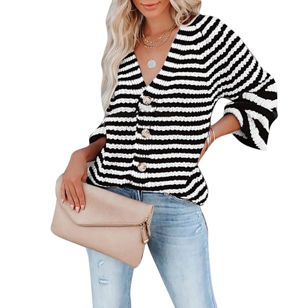 Damrandig Stickad Blus Knäppt V-ringad Stickad Topp Långärmad Casual Randig Blus Svart M