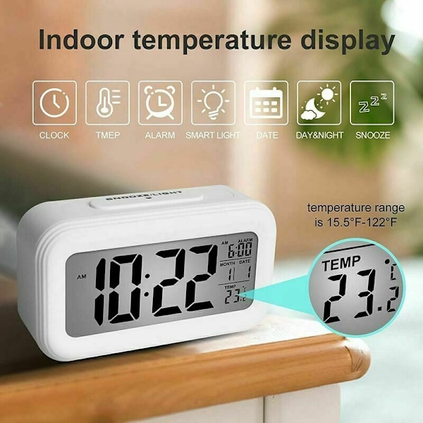 Digital väckarklocka med inomhustemperaturmätare, stor display, tyst drift, stigande alarm, 12/24H-display för sovrum (Vit)